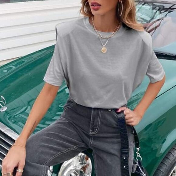 Shoulder Padded Casual Top - Gray - Picture 2 of 5